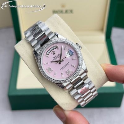 Rolex Daydate 36mm 2834/3255 Movement Pink Face Silver Case Watch